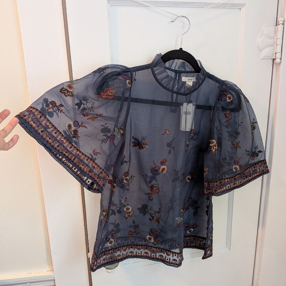 NWT Anthropologie Othilia Sheer Embroidered Puff-Sleeve Blouse - Size S - Picture 4 of 11